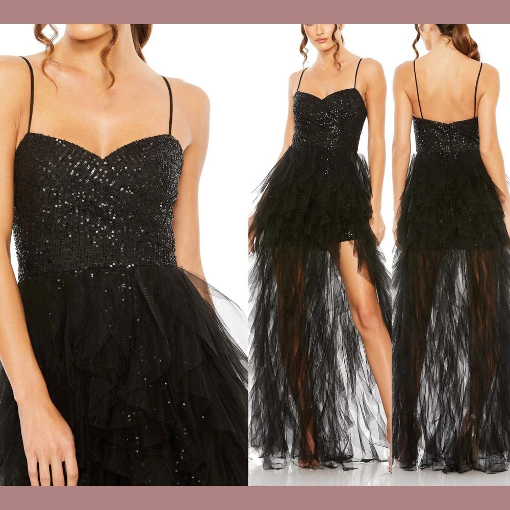 NEW IEENA Mac Duggal [ 4 ] 27119 Sequin Mini High Low Ruffle Tiered‎ Train Gown